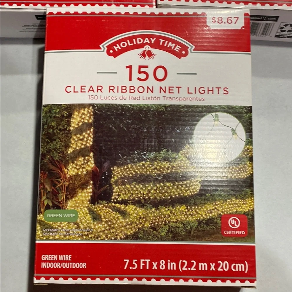 3 Holiday Time Clear Ribbon Net Lights 150 bulbs green wire indoor outdoor NIB
